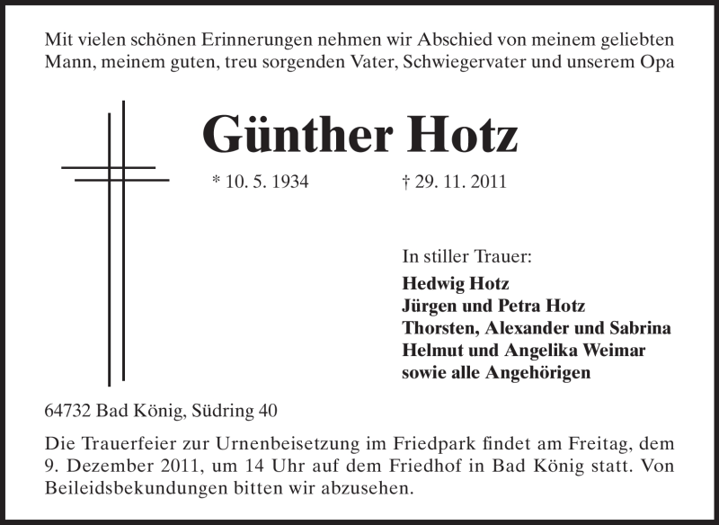  Traueranzeige für Günther Hotz vom 06.12.2011 aus Echo-Zeitungen (Gesamtausgabe)