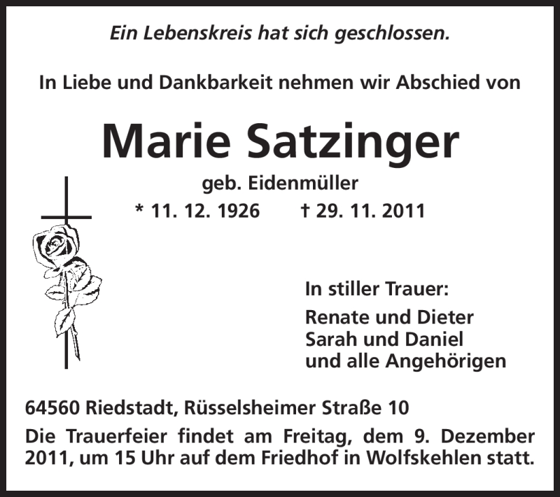  Traueranzeige für Marie Satzinger vom 06.12.2011 aus Rüsselsheimer Echo, Groß-Gerauer-Echo, Ried Echo