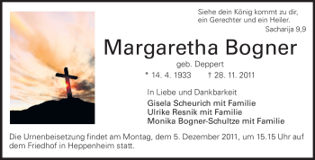 Traueranzeige von Margaretha Bogner von Starkenburger Echo