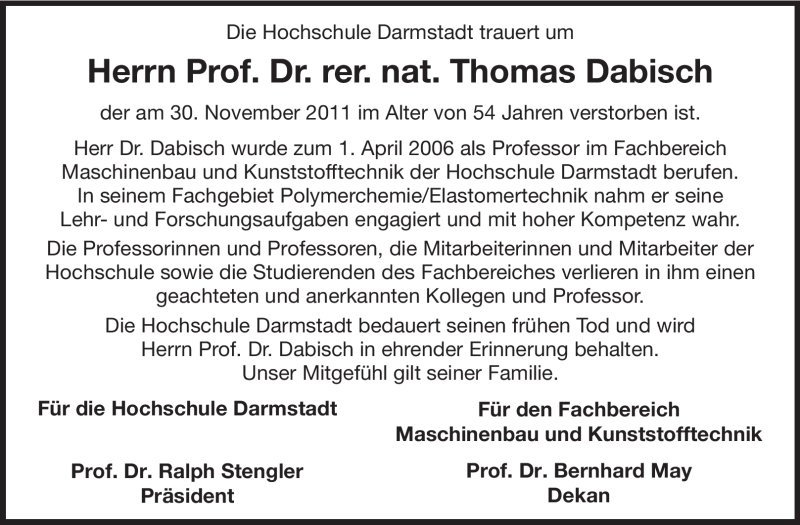  Traueranzeige für Thomas Dabisch vom 05.12.2011 aus Echo-Zeitungen (Gesamtausgabe)