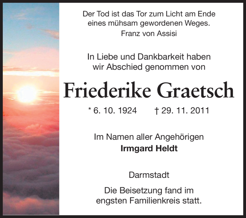  Traueranzeige für Friederike Graetsch vom 17.12.2011 aus Echo-Zeitungen (Gesamtausgabe)