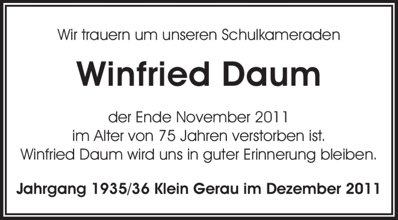  Traueranzeige für Winfried Daum vom 05.12.2011 aus Rüsselsheimer Echo, Groß-Gerauer-Echo, Ried Echo