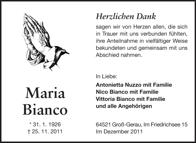  Traueranzeige für Maria Bianco vom 10.12.2011 aus Rüsselsheimer Echo, Groß-Gerauer-Echo, Ried Echo