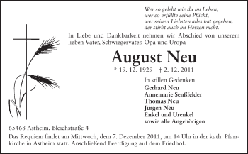 Traueranzeige von August Neu von Rüsselsheimer Echo, Groß-Gerauer-Echo, Ried Echo