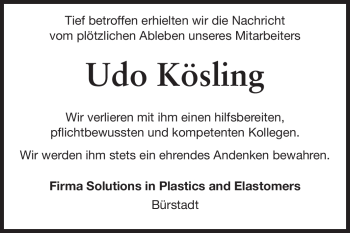 Traueranzeige von Udo Kösling von Rüsselsheimer Echo, Groß-Gerauer-Echo, Ried Echo