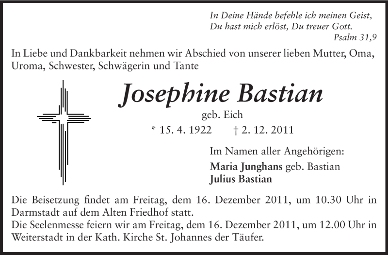  Traueranzeige für Josephine Bastian vom 10.12.2011 aus Echo-Zeitungen (Gesamtausgabe)