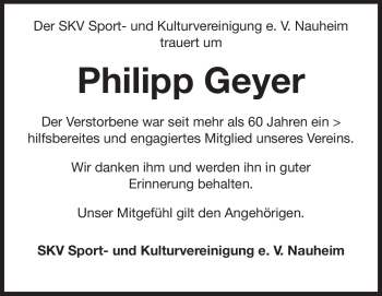 Traueranzeige von Philipp Geyer von Rüsselsheimer Echo, Groß-Gerauer-Echo, Ried Echo