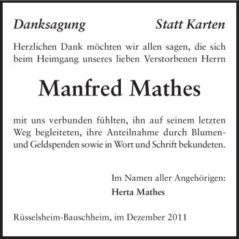 Traueranzeige von Manfred Mathes von Rüsselsheimer Echo, Groß-Gerauer-Echo, Ried Echo