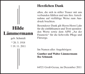 Traueranzeige von Hilde Lämmermann von Rüsselsheimer Echo, Groß-Gerauer-Echo, Ried Echo