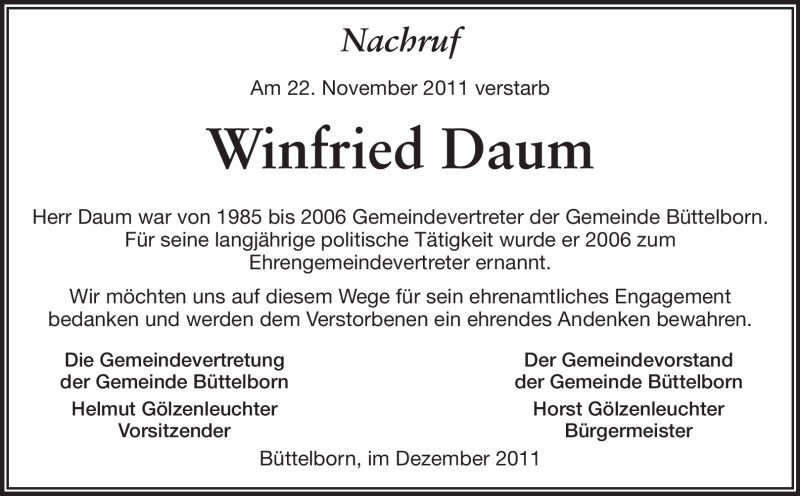  Traueranzeige für Winfried Daum vom 07.12.2011 aus Rüsselsheimer Echo, Groß-Gerauer-Echo, Ried Echo