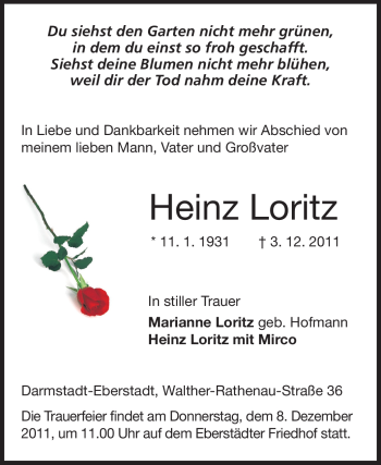 Traueranzeige von Heinz Loritz von Echo-Zeitungen (Gesamtausgabe)