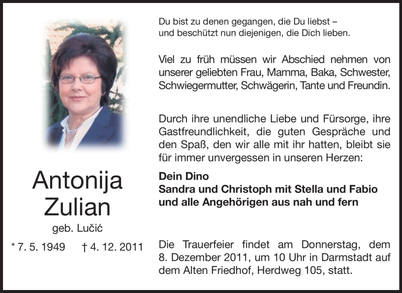  Traueranzeige für Antonija Zulian vom 06.12.2011 aus Echo-Zeitungen (Gesamtausgabe)