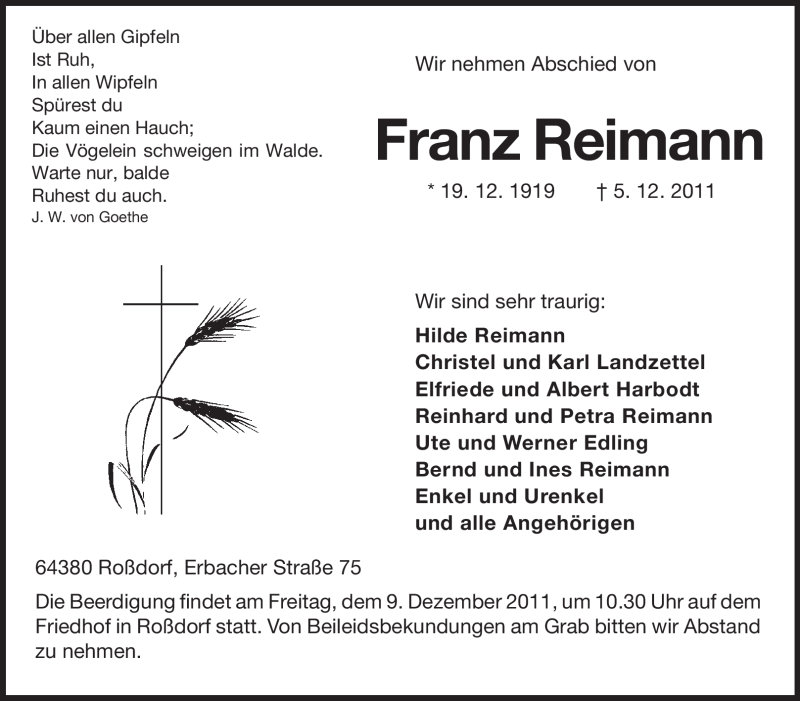  Traueranzeige für Franz Reimann vom 07.12.2011 aus Darmstädter Echo, Odenwälder Echo, Rüsselsheimer Echo, Groß-Gerauer-Echo, Ried Echo