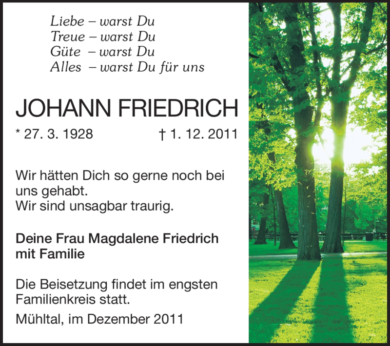  Traueranzeige für Johann Friedrich vom 10.12.2011 aus Echo-Zeitungen (Gesamtausgabe)