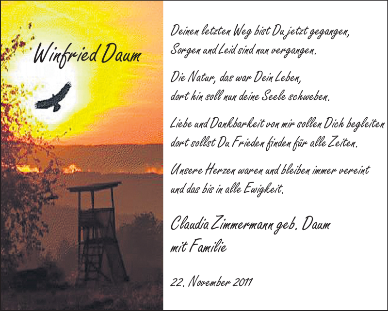  Traueranzeige für Winfried Daum vom 10.12.2011 aus Rüsselsheimer Echo, Groß-Gerauer-Echo, Ried Echo