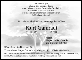 Traueranzeige von Kurt Gamradt von Rüsselsheimer Echo, Groß-Gerauer-Echo, Ried Echo
