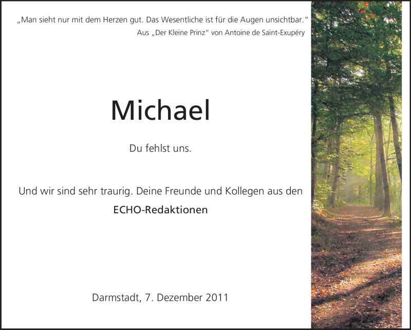  Traueranzeige für Michael Fritz vom 07.12.2011 aus Echo-Zeitungen (Gesamtausgabe)