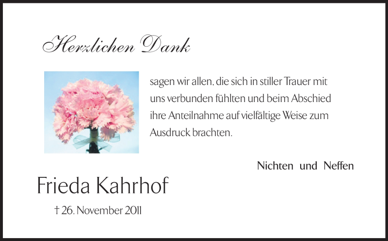  Traueranzeige für Frieda Kahrhof vom 10.12.2011 aus Echo-Zeitungen (Gesamtausgabe)