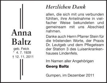 Traueranzeige von Anna Baltz von Echo-Zeitungen (Gesamtausgabe)