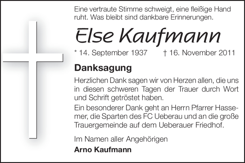  Traueranzeige für Else Kaufmann vom 09.12.2011 aus Echo-Zeitungen (Gesamtausgabe)