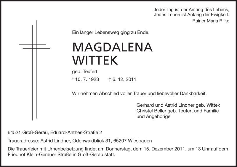  Traueranzeige für Magdalena Wittek vom 10.12.2011 aus Rüsselsheimer Echo, Groß-Gerauer-Echo, Ried Echo