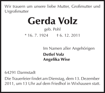 Traueranzeige von Gerda Volz von Echo-Zeitungen (Gesamtausgabe)