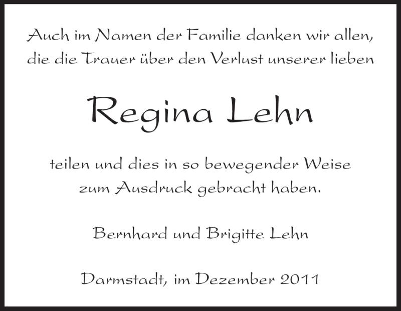  Traueranzeige für Maria Regina Lehn vom 10.12.2011 aus Echo-Zeitungen (Gesamtausgabe)