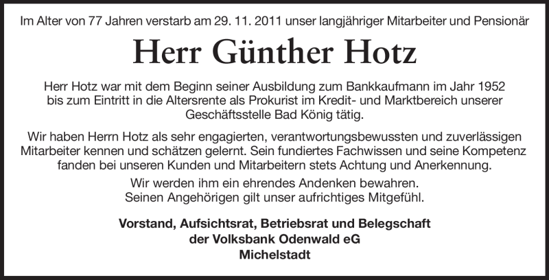  Traueranzeige für Günther Hotz vom 08.12.2011 aus Odenwälder Echo