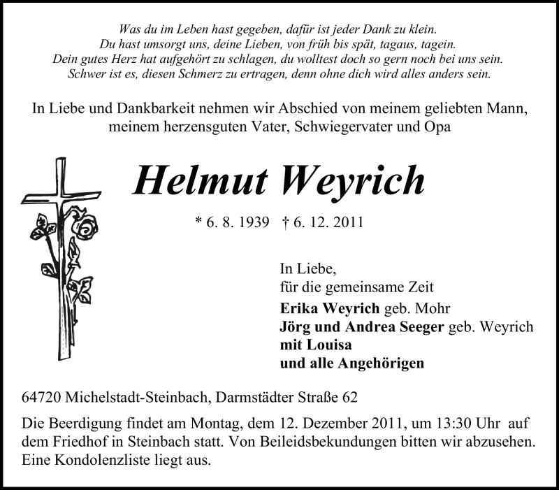  Traueranzeige für Helmut Weyrich vom 08.12.2011 aus Odenwälder Echo