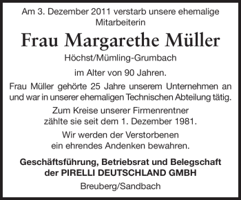 Traueranzeige von Margarethe Müller von Odenwälder Echo