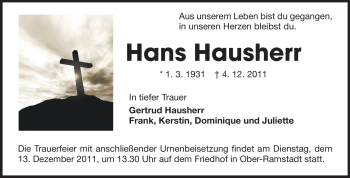 Traueranzeige von Hans Hausherr von Darmstädter Echo, Odenwälder Echo, Rüsselsheimer Echo, Groß-Gerauer-Echo, Ried Echo