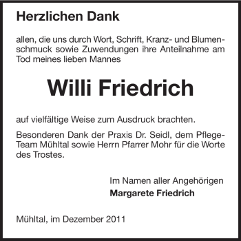 Traueranzeige von Willi Friedrich von Echo-Zeitungen (Gesamtausgabe)