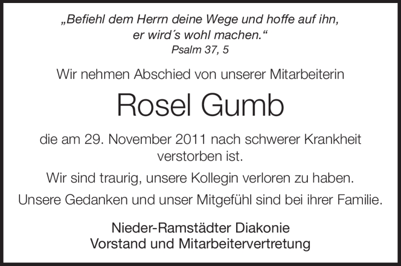  Traueranzeige für Rosel Gumb vom 09.12.2011 aus Echo-Zeitungen (Gesamtausgabe)