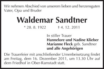 Traueranzeige von Waldemar Sandtner von Darmstädter Echo, Odenwälder Echo, Rüsselsheimer Echo, Groß-Gerauer-Echo, Ried Echo