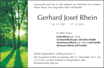 Traueranzeige von Gerhard Josef Rhein von Starkenburger Echo, Bergsträßer Anzeiger