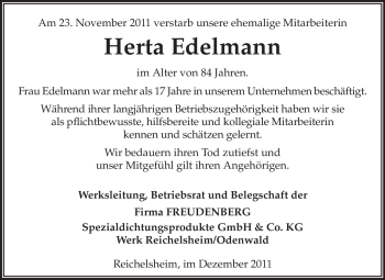 Traueranzeige von Herta Edelmann von Odenwälder Echo