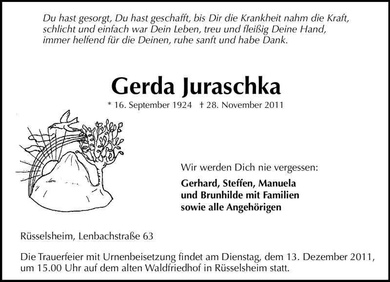  Traueranzeige für Gerda Juraschka vom 10.12.2011 aus Rüsselsheimer Echo, Groß-Gerauer-Echo, Ried Echo