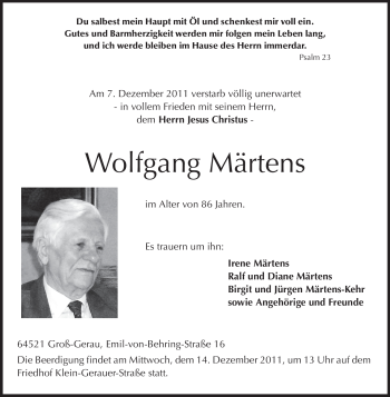 Traueranzeige von Wolfgang Märtens von Rüsselsheimer Echo, Groß-Gerauer-Echo, Ried Echo