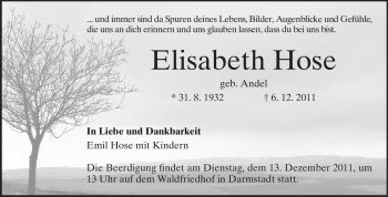 Traueranzeige von Elisabeth Hose von Darmstädter Echo, Odenwälder Echo, Rüsselsheimer Echo, Groß-Gerauer-Echo, Ried Echo