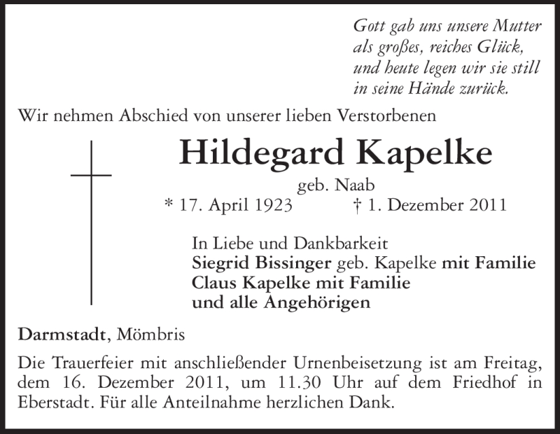  Traueranzeige für Hildegard Kapelke vom 10.12.2011 aus Echo-Zeitungen (Gesamtausgabe)