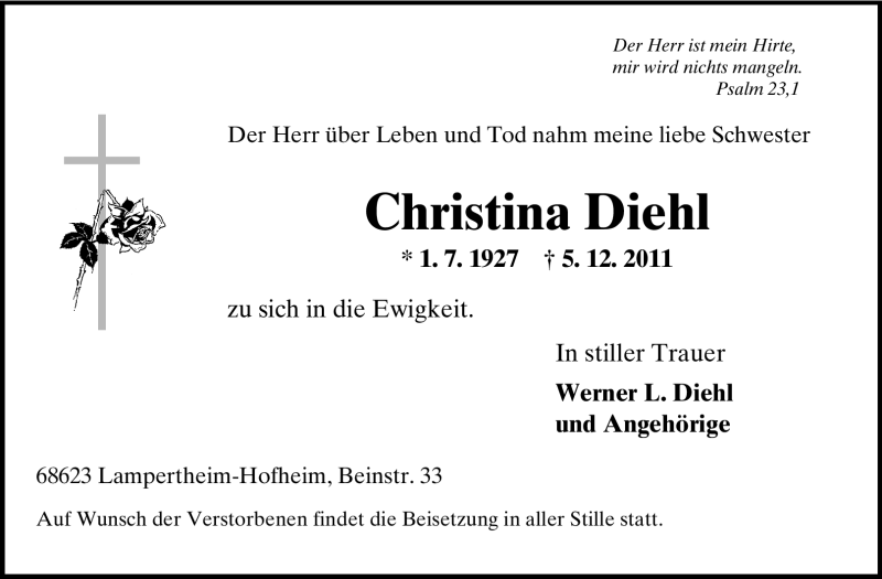  Traueranzeige für Christina Diehl vom 10.12.2011 aus Echo-Zeitungen (Gesamtausgabe)