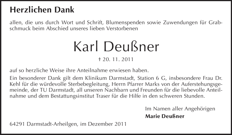  Traueranzeige für Karl Deußner vom 10.12.2011 aus Darmstädter Echo, Odenwälder Echo, Rüsselsheimer Echo, Groß-Gerauer-Echo, Ried Echo