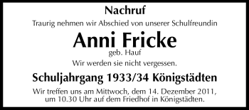 Traueranzeige von Anni Fricke von Rüsselsheimer Echo, Groß-Gerauer-Echo, Ried Echo