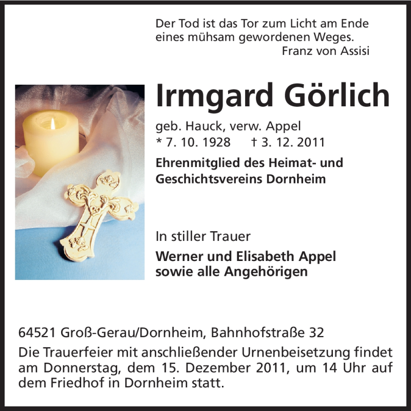  Traueranzeige für Irmgard Görlich vom 10.12.2011 aus Rüsselsheimer Echo, Groß-Gerauer-Echo, Ried Echo
