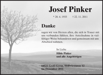 Traueranzeige von Josef Pinker von Rüsselsheimer Echo, Groß-Gerauer-Echo, Ried Echo