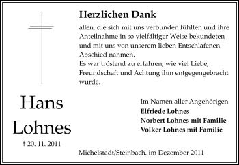 Traueranzeige von Hans Lohnes von Odenwälder Echo