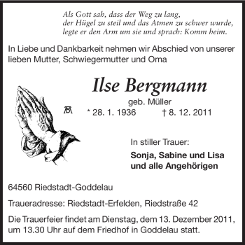 Traueranzeige von Ilse Bergmann von Darmstädter Echo, Odenwälder Echo, Rüsselsheimer Echo, Groß-Gerauer-Echo, Ried Echo