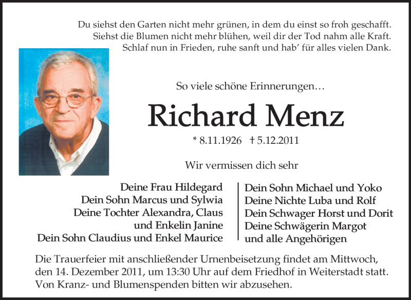  Traueranzeige für Richard Menz vom 10.12.2011 aus Echo-Zeitungen (Gesamtausgabe)