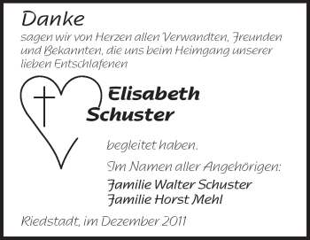Traueranzeige von Elisabeth Schuster von Rüsselsheimer Echo, Groß-Gerauer-Echo, Ried Echo