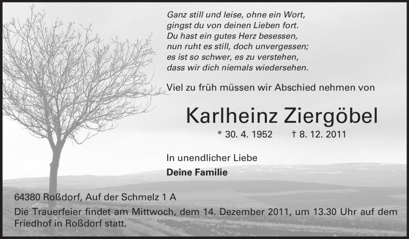  Traueranzeige für Karlheinz Ziergöbel vom 12.12.2011 aus Echo-Zeitungen (Gesamtausgabe)